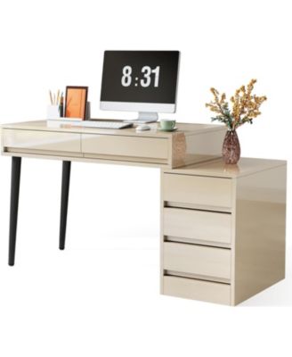 modern, reversible, wood desk with 5 drawers, printer stand, storage — ideal for home office, bedroom, or living room setup.