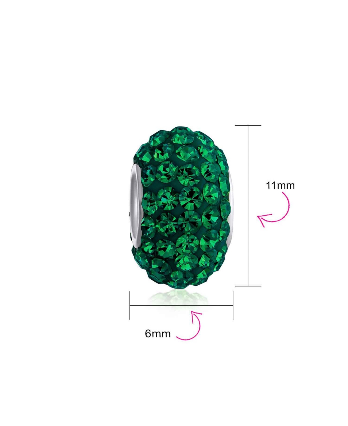 Bling Jewelry Solid Color Pave Crystal Bead Charm for Bracelet with Sterling Silver Core