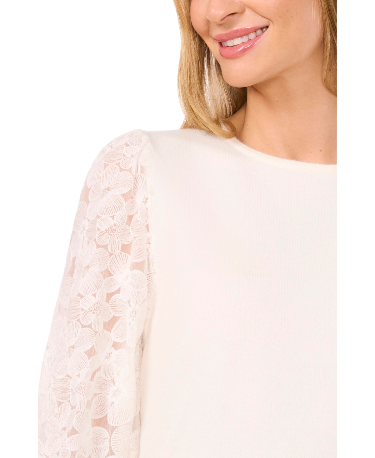 CeCe Women's Floral Embroidered Woven Crew Neck Sweater