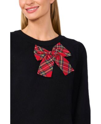 Women's Plaid Bow Crew Neck Sweater
