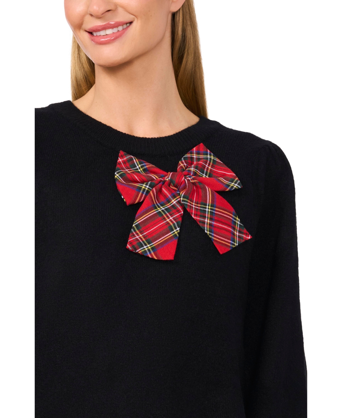 Cece Womens Bow Knit Crewneck Sweater In Rich Black