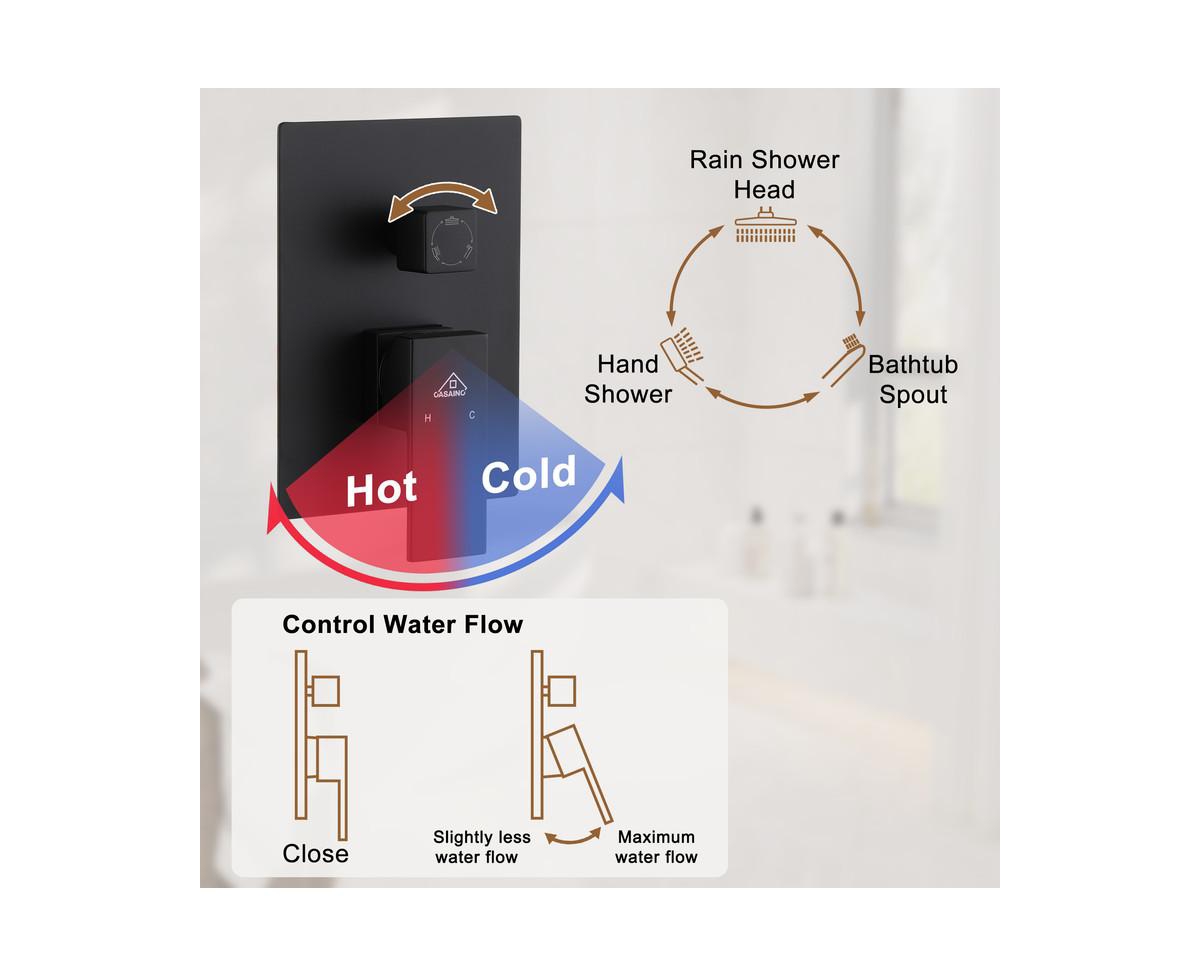 Casainc Inch 3 Function Rainfall Shower System with Tilt Shower Head and Waterfall Tub Spout