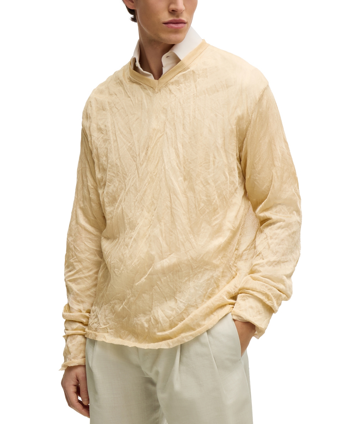 Hugo Boss Boss By  Men's Crinkled Knit V-neck Sweater In Open Beige