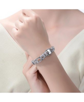 Men's Sterling Silver White Gold Plated with Iced Out Cubic Zirconia Oblong Curb Chain Bracelet