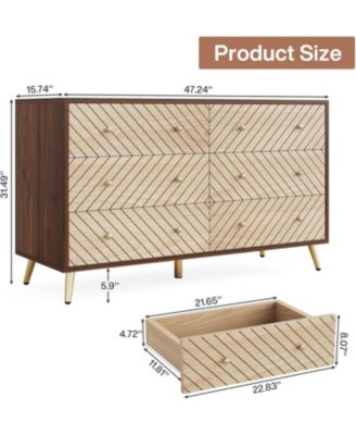 47-Inch Dresser for Bedroom with 6 Drawers, Double Wide Chest of Drawers with Gold Legs, Wood and Metal Storage Dresser for Closet, 6-Drawer Dressers Cabinet (Dark Brown+Natural)
