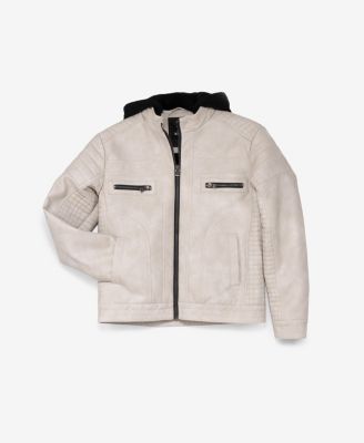 Boys Lined Moto PU Leather Jacket With Removable Hood