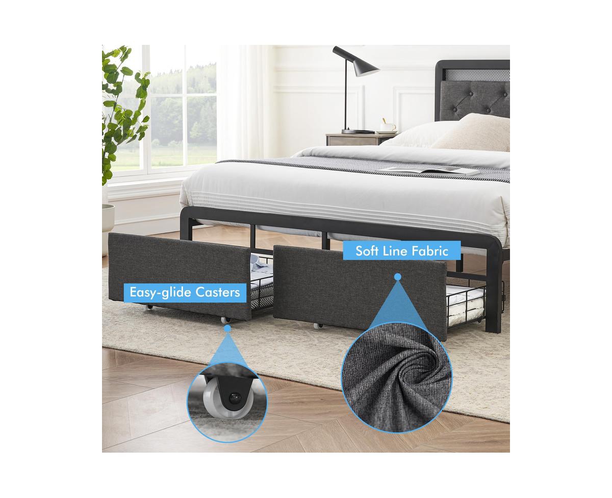 gaomon Bed Frame with Led Lights Headboard, Upholstered Bed with Headboard and 2 Storage Drawers, Strong Metal Slats Support, Easy Assembly, No