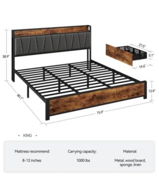 King Size Bed Frame with Storage Linen Upholstered Headboard, 4 Drawers Platform Bed Frame with Charging Station, No Box Spring Needed, Easy Assembly