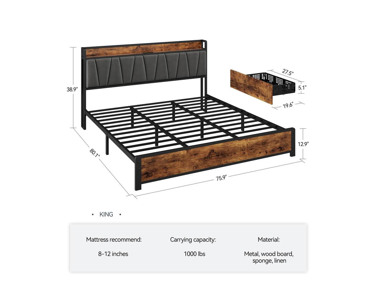 gaomon Size Bed Frame with Storage Linen Upholstered Headboard, 4 Drawers Platform Bed Frame with Charging Station, No Box Spring Needed, Easy As