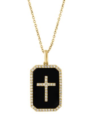 EFFY&reg; Onyx & Diamond (1/4 ct. t.w.) Cross Dog Tag 18" Pendant Necklace in 14k Gold