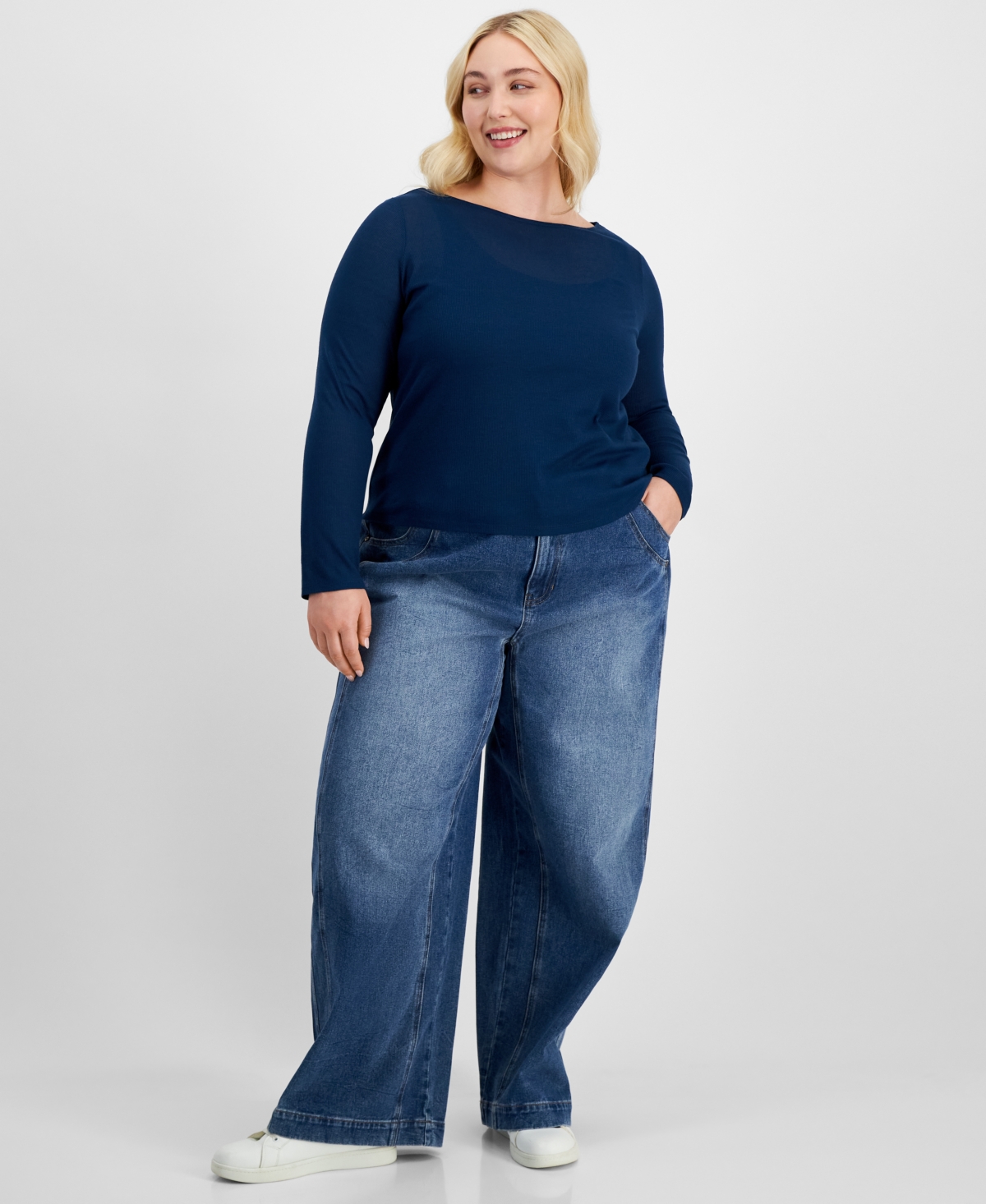 And Now This Trendy Plus Size Solid Boat-neck Long-sleeve Layered Top, Exclusively At Macy's In Titan