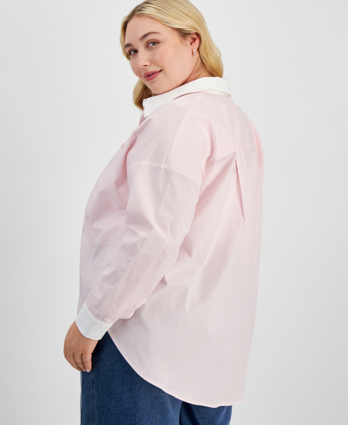 And Now This Trendy Plus Size Cotton Striped Contrast Shirt, Exclusively At Macy's In Coral Blush