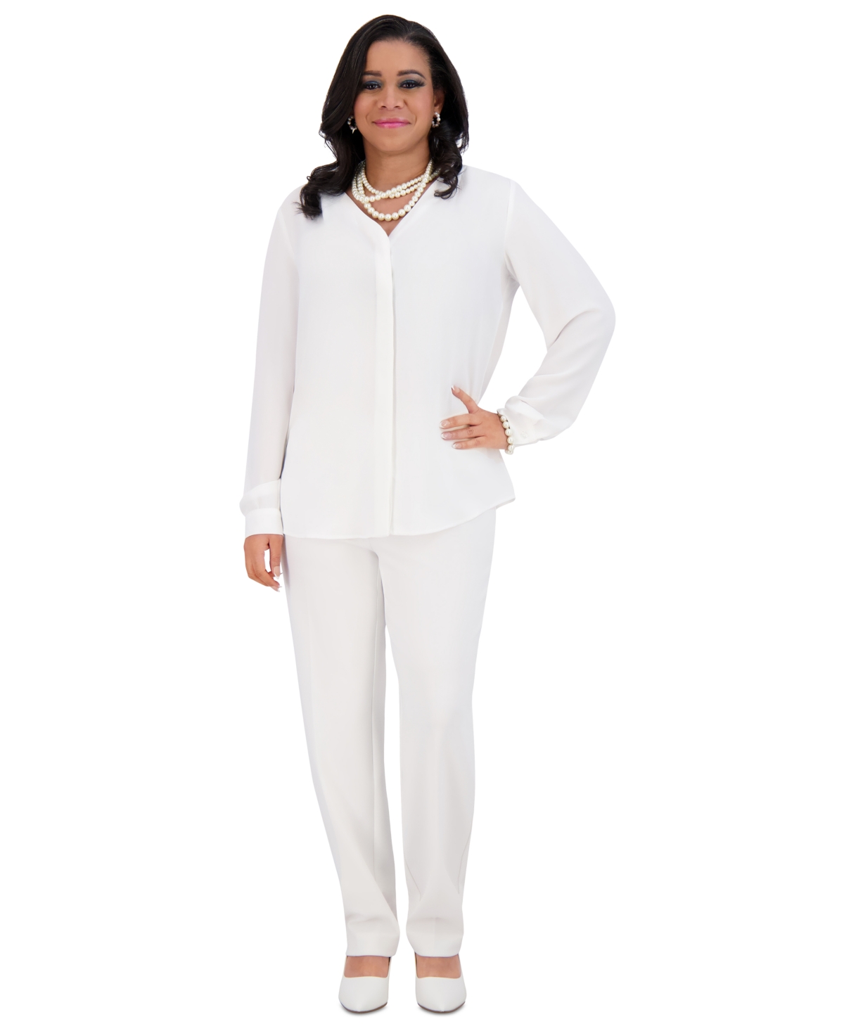 Kasper Women's V-neck Button-front Long-sleeve Blouse In White