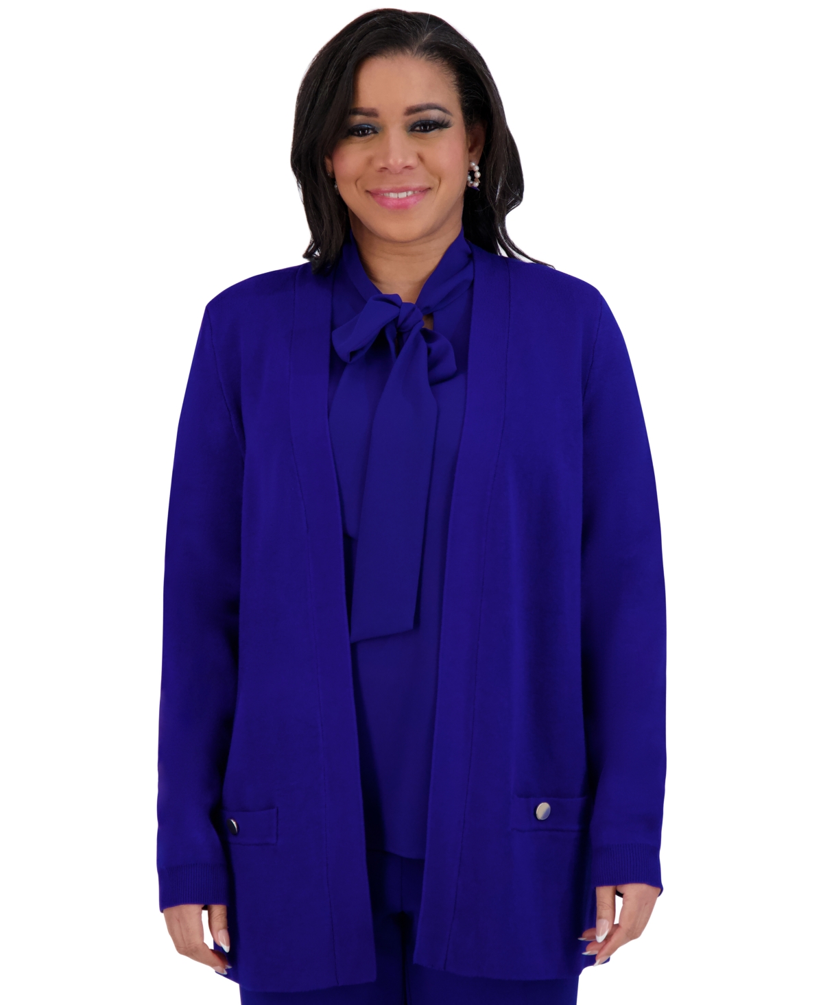 Kasper Plus Size Collarless Open-front Cardigan Jacket In Royal