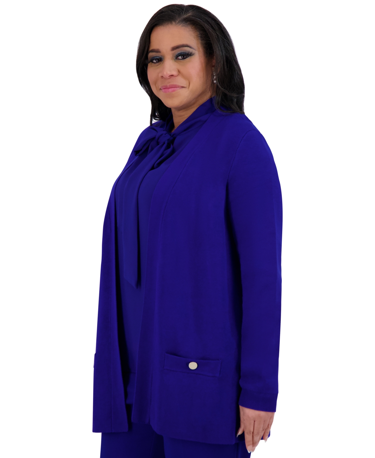 Kasper Plus Size Collarless Open-front Cardigan Jacket In Royal