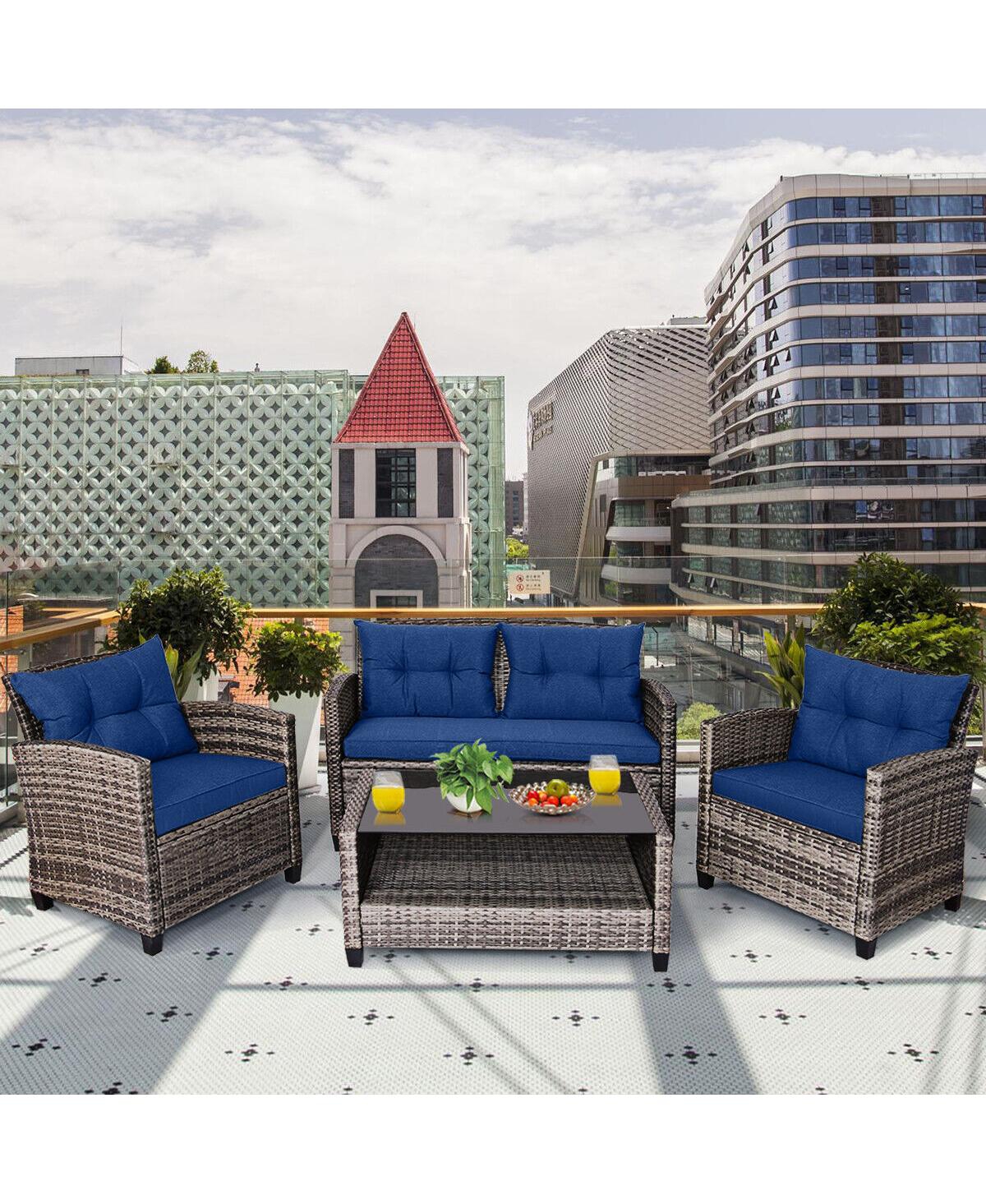 Gouun 4 Pieces Patio Rattan Furniture Set with Coffee Table and Cushioned Sofa