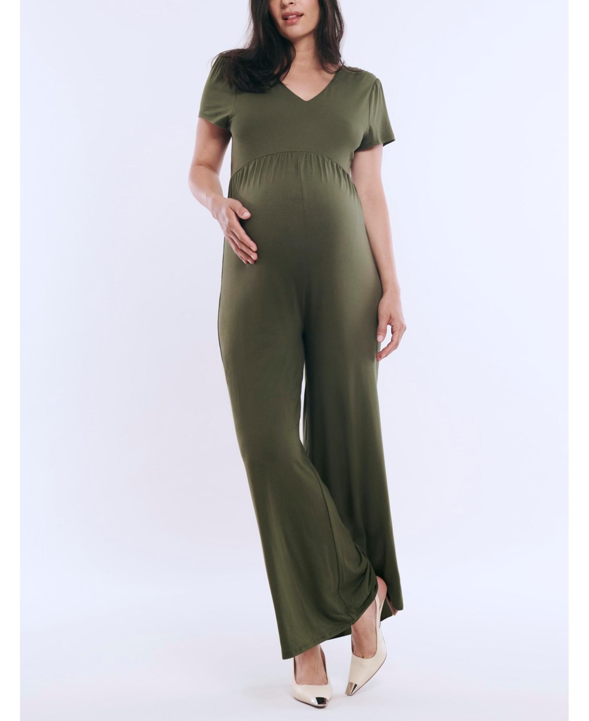 Women's Short Sleeve V-Neck Flare Leg Jumpsuit - Motherhood Maternity - Black
