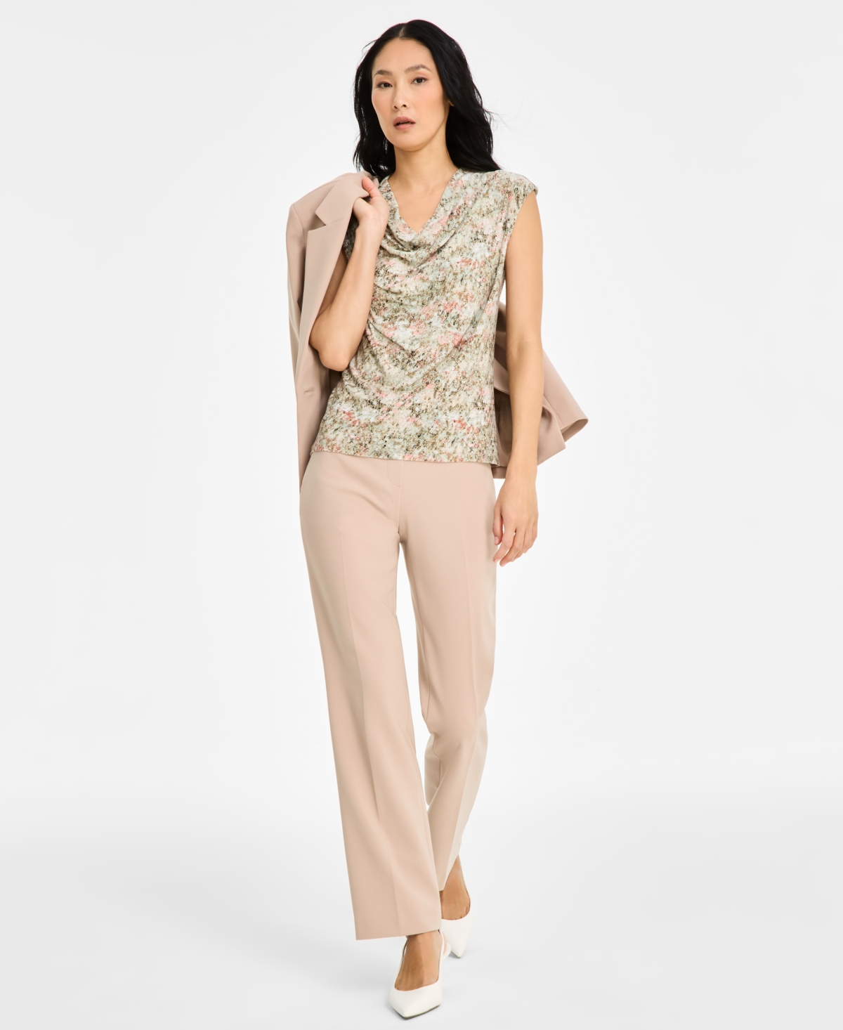 Anne Klein Cowl Neck Cap Sleeve Top In Soft Aloe Multi