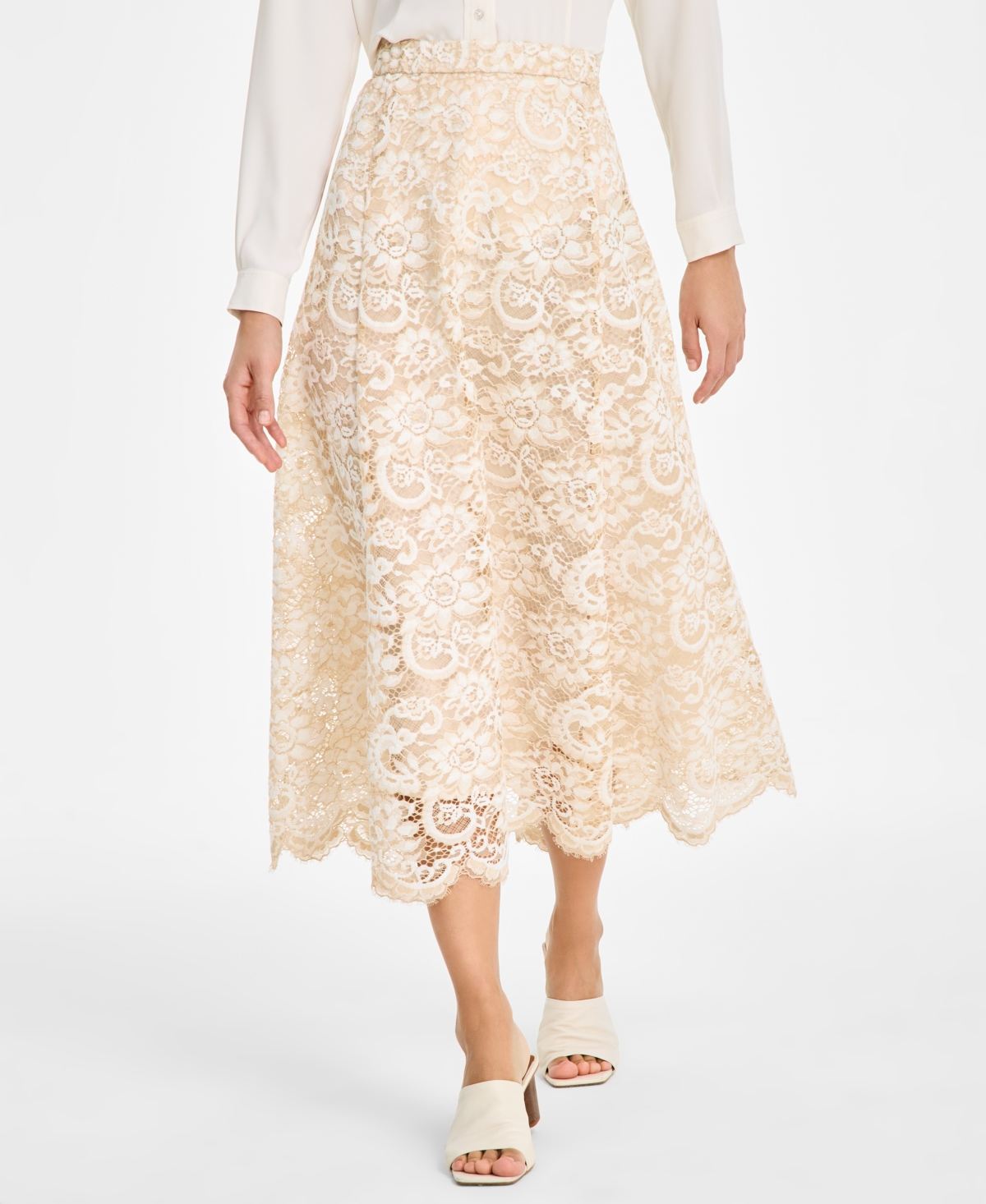 ANNE KLEIN WOMEN'S PULL-ON LACE MIDI SKIRT 