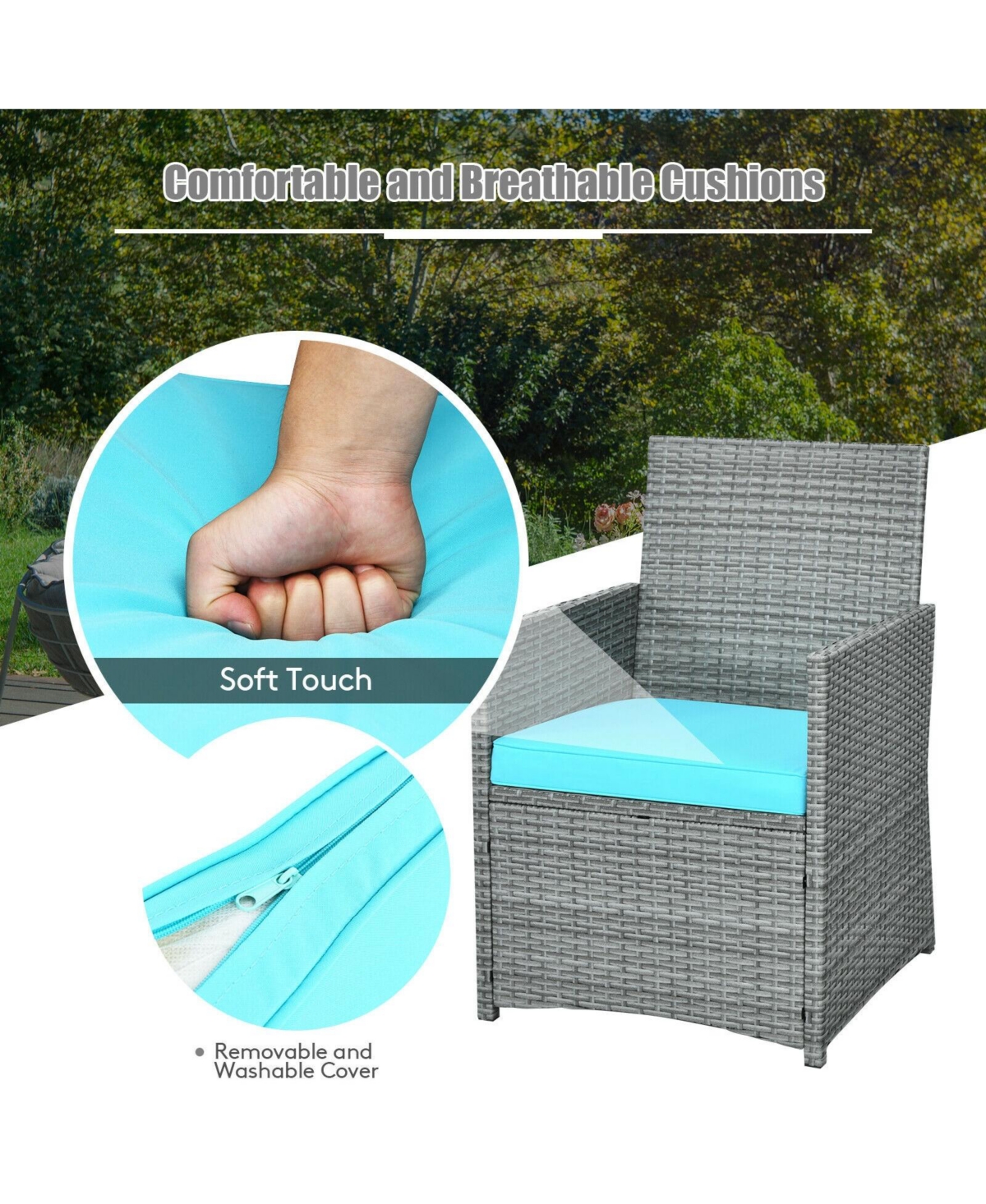 Gouun 3-Piece Patio Rattan Furniture Set with Cushioned Chairs and Glass Table