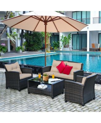 4 Pieces Outdoor Rattan Furniture Set with Glass Table