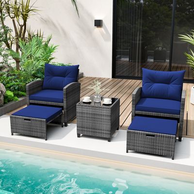5-Piece Rattan Patio Set with 2 Ottomans and Glass Table