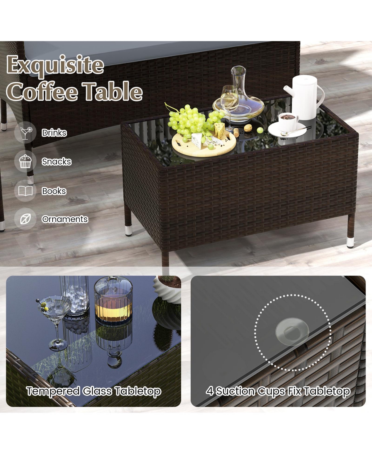 Gouun 4 Pieces Comfortable Outdoor Rattan Sofa Set with Glass Table