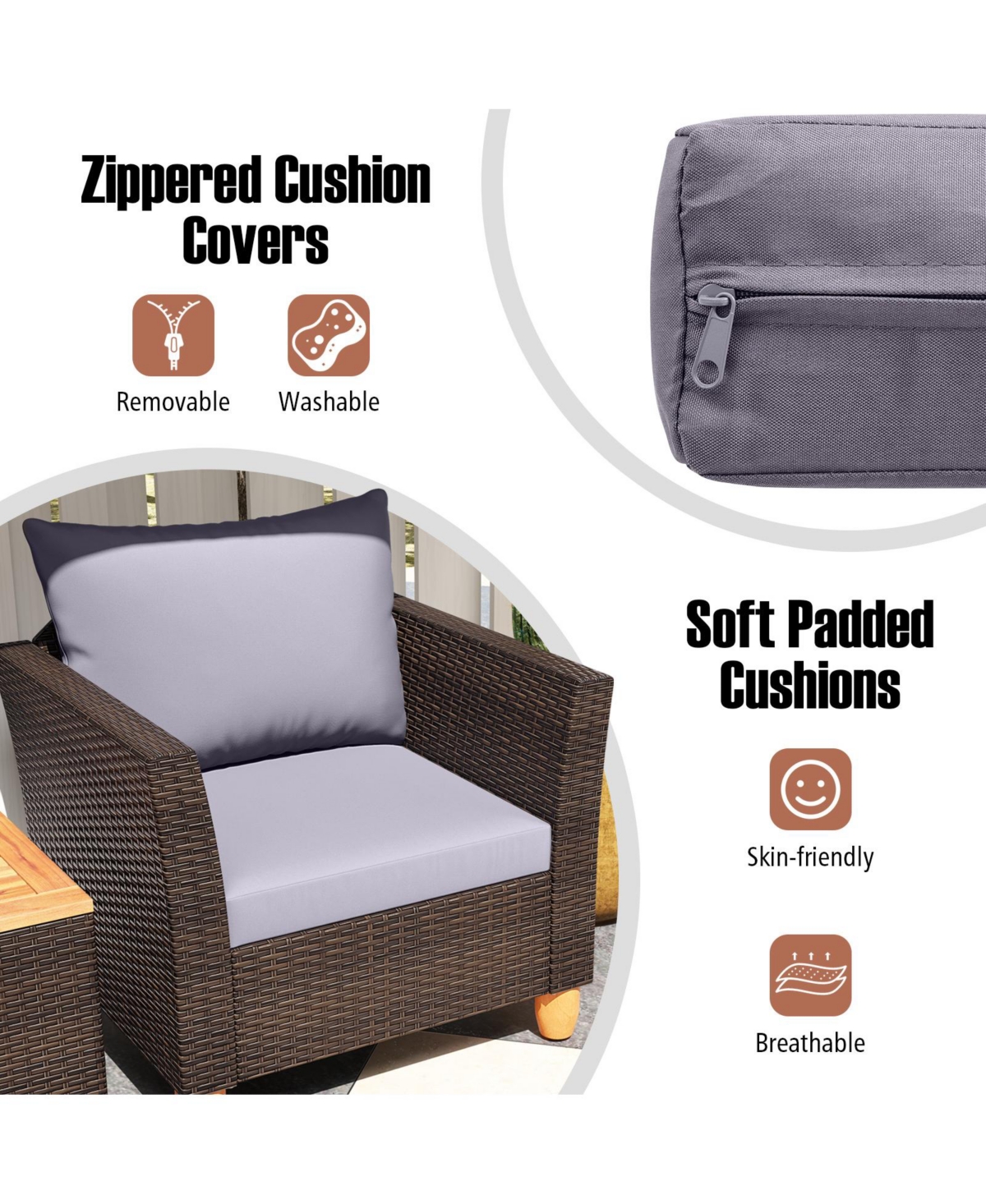 Gouun 3-Piece Patio Rattan Furniture Set with Acacia Wood Table