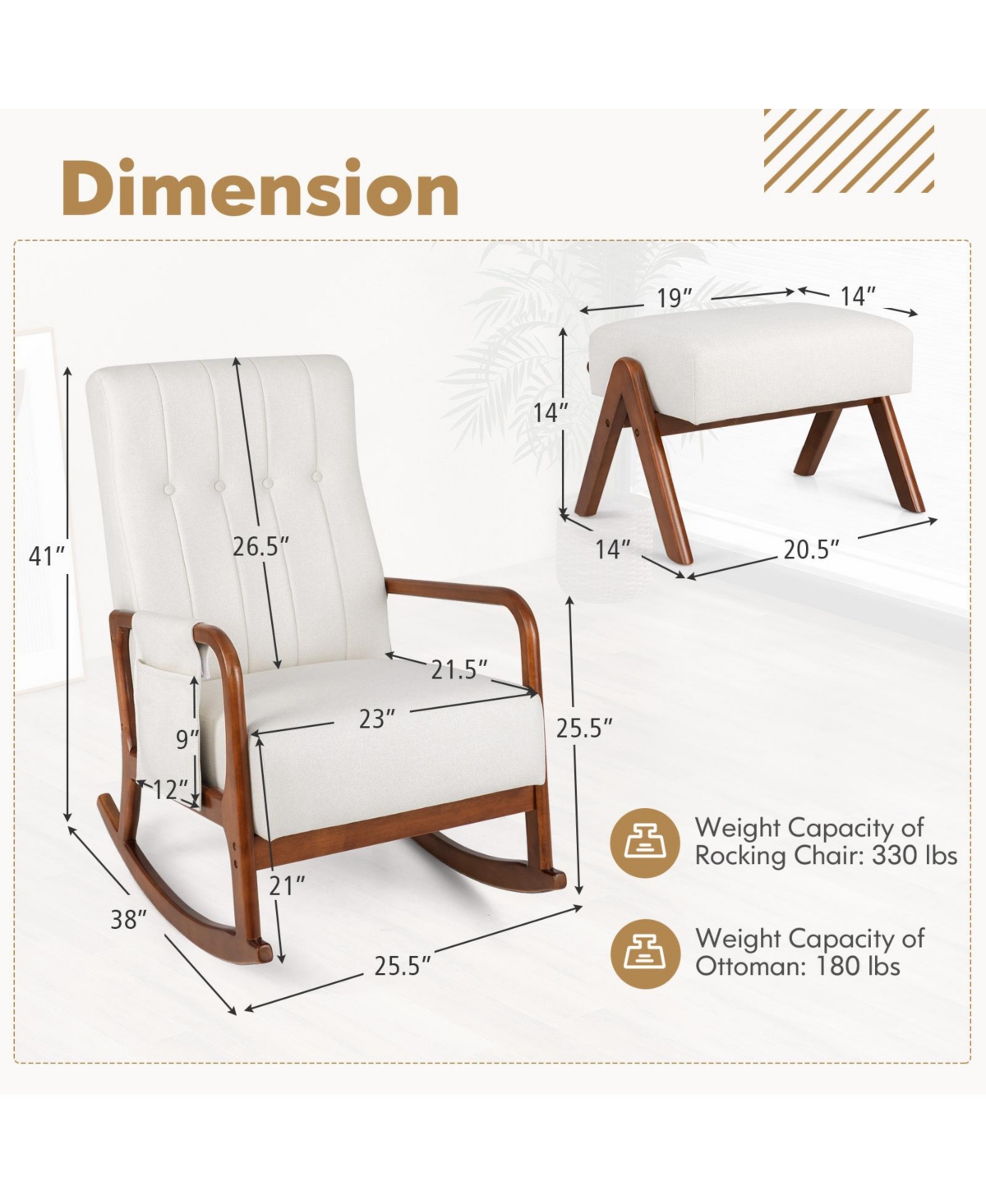Gouun Rocking Chair with Ottoman Solid Rubber Wood Frame Padded Cushion
