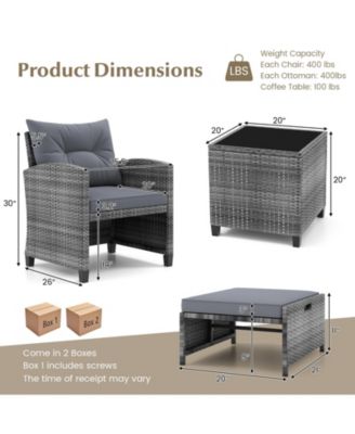 5 Piece Patio Rattan Furniture with 2 Ottomans and Tempered Glass Table