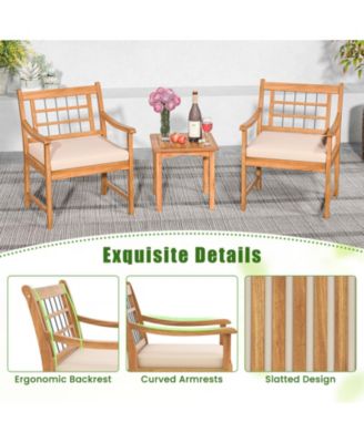 3 Piece Wood Patio Furniture Set with Seat Cushions and Acacia Wood Frame