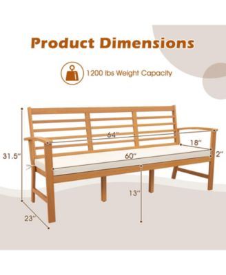 Patio 64 Inch Wood Bench with Seat Cushion and Slatted Seat for Backyard-Off