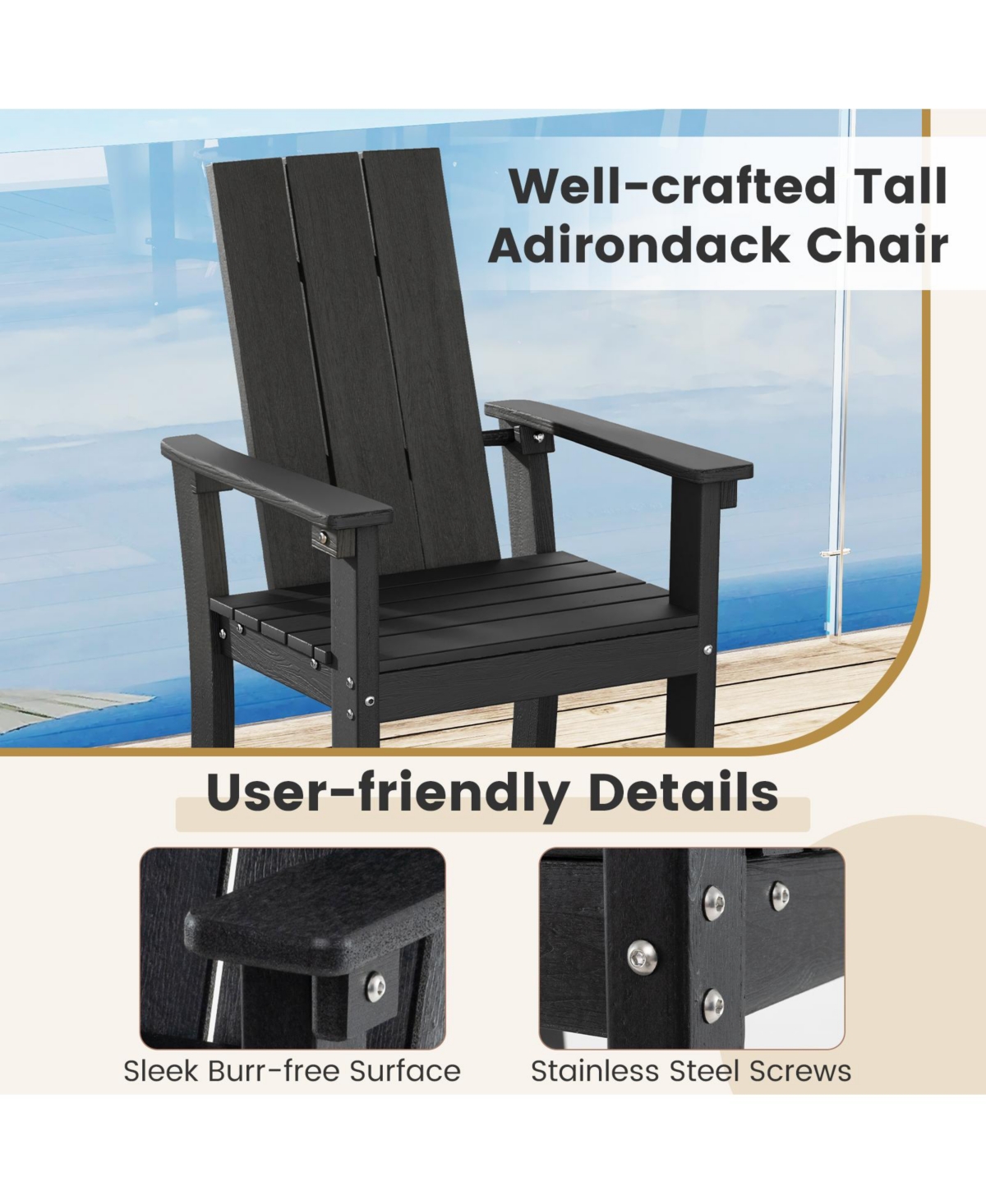 Gouun Tall Adirondack Chair Outdoor Bar Stool with Ergonomic Backrest for Backyard