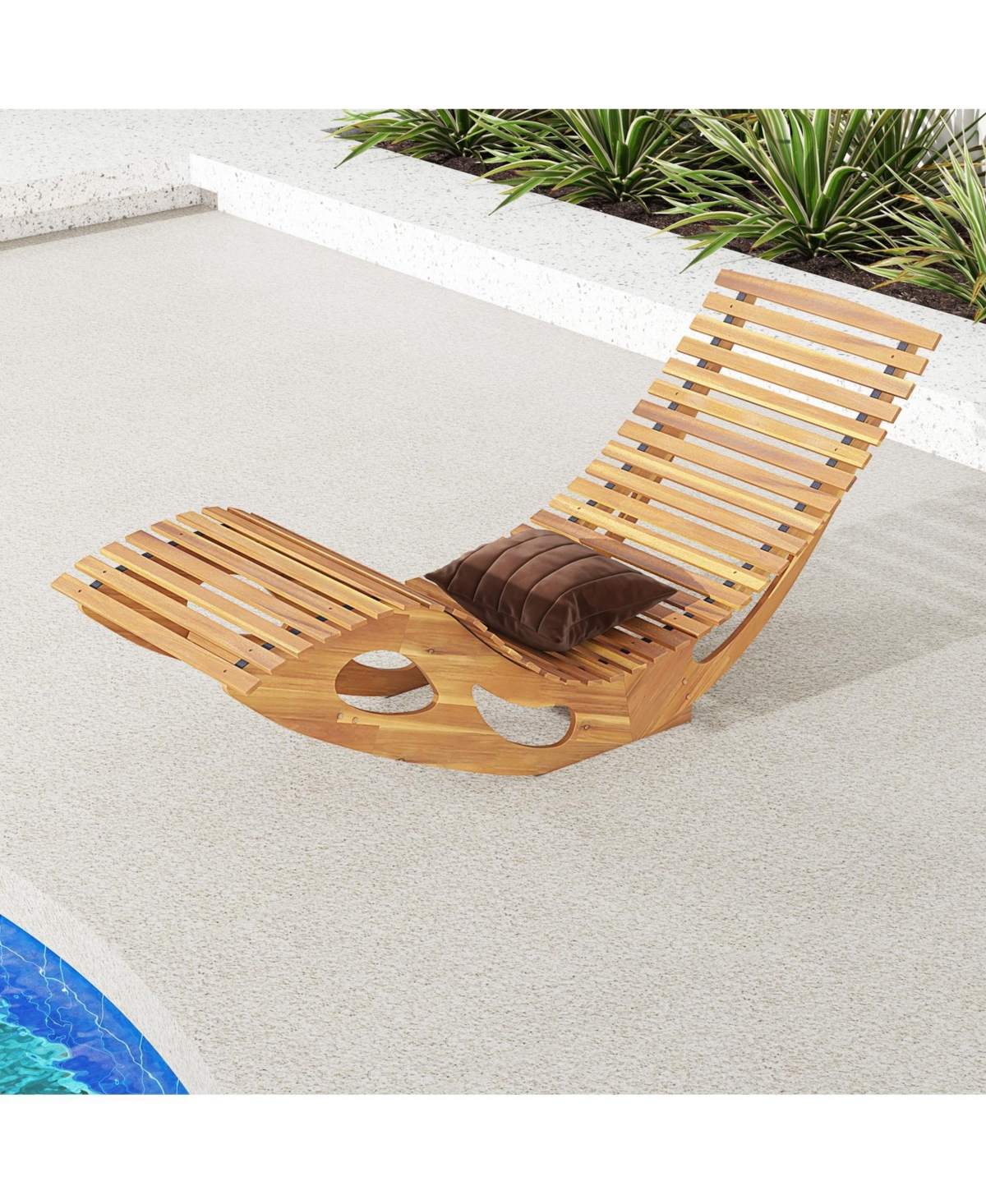 Gouun Acacia Wood Patio Rocking Sun Lounger Chaise Lounge with Ergonomic Curved Seat