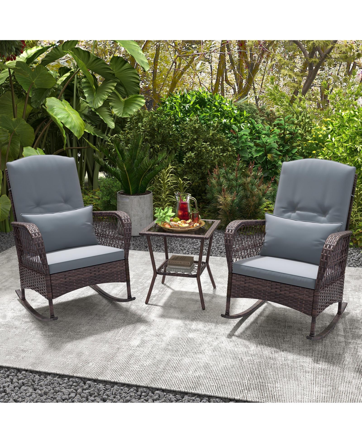 Gouun 3 Pieces Rocking Bistro Set with 2-Tier Table