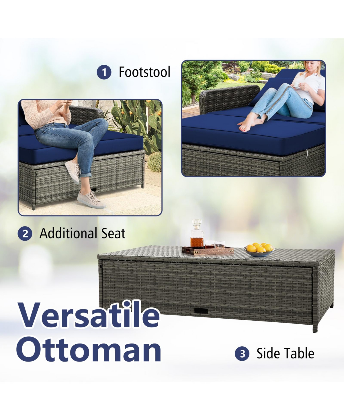 Gouun Patio Wicker Loveseat Sofa with Multipurpose Ottoman and Retractable Side Tray