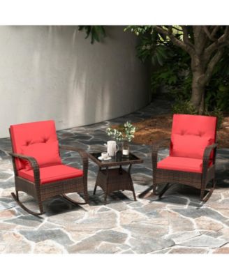 3 Pieces Outdoor Rocking Set with Tempered Glass Table for Backyard Poolside