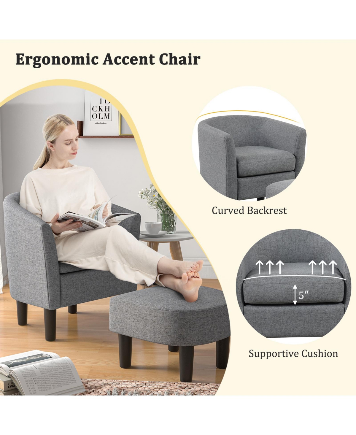 Gouun Barrel Club Chair with Ottoman Set Linen Fabric Accent Chair with Footrest