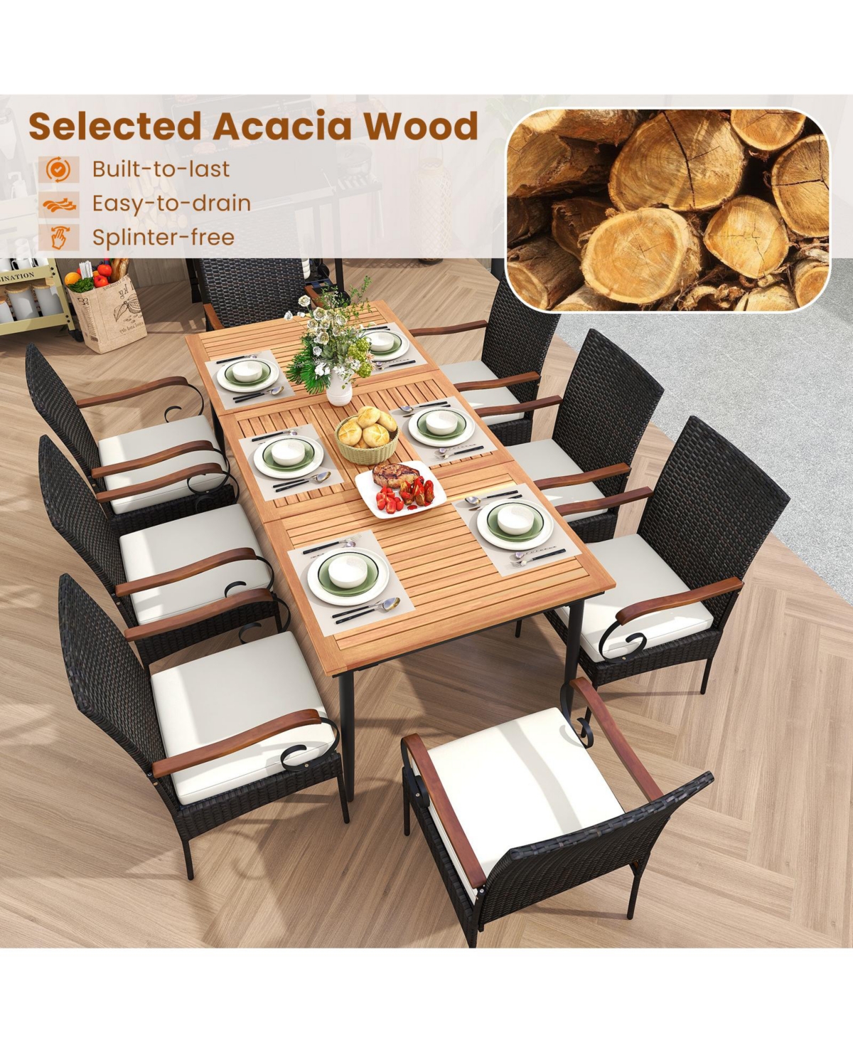 Gouun Outdoor Dining Table and 8 Rattan-woven Dining Chairs with Acacia Wood Tabletop