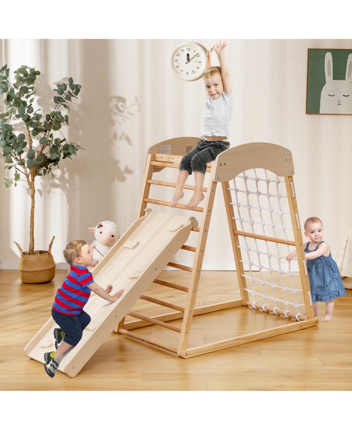 Gouun 6-in-1 Jungle Gym Wooden Indoor Playground with Double-Sided Ramp Monkey Bars