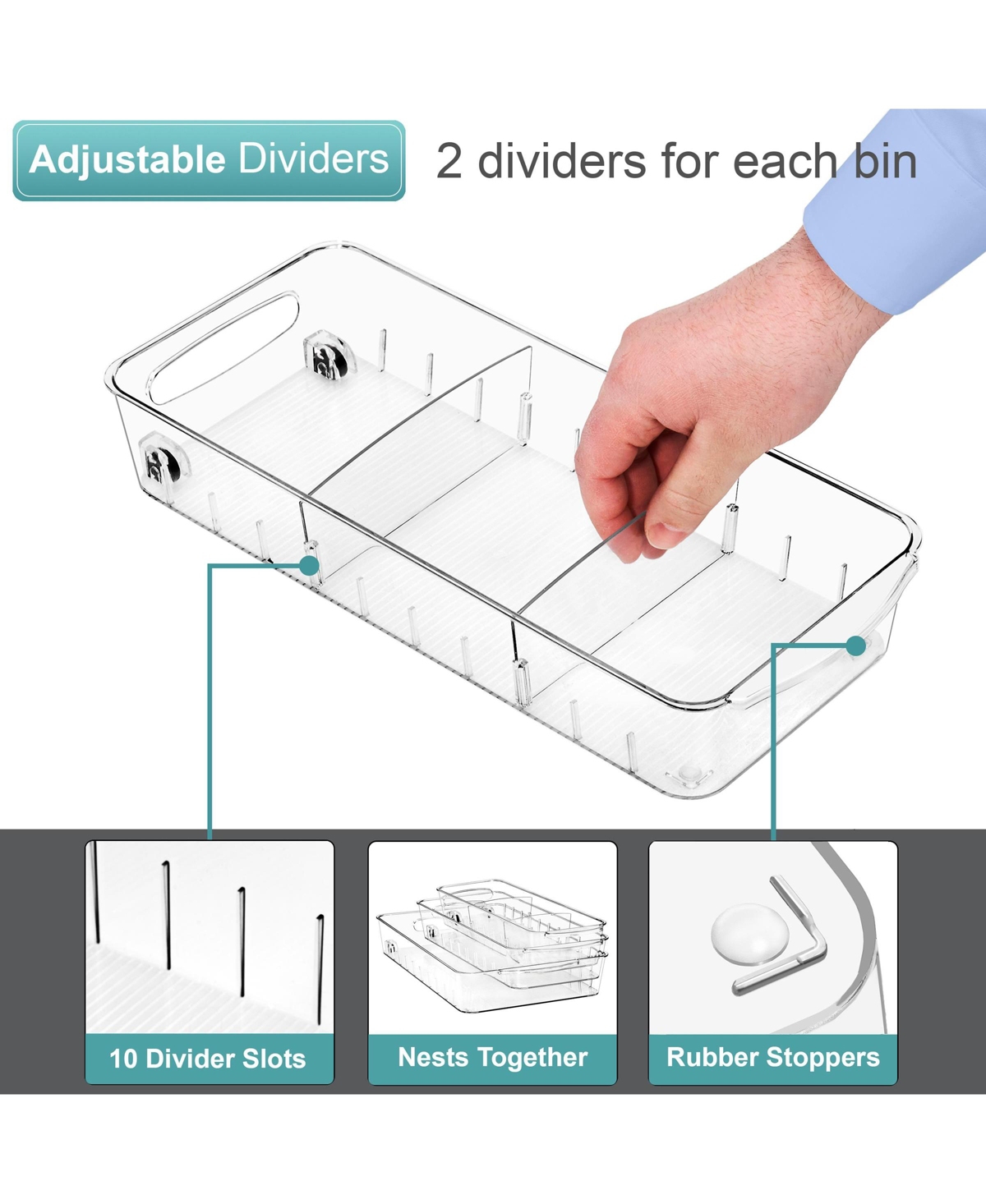 Sorbus 3 Piece Variety Flat Clear Organizing Bins on Wheels with Dividers - for Kitchen, Cabinet Organizer, Pantry & Refrigerator