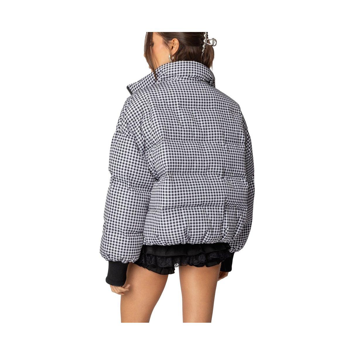 Edikted Women's Oversized Gingham Puffer - Black-and-white