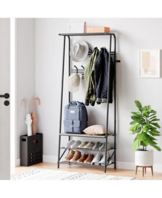 Coat Rack Shoe Bench with 10 Hooks, Hall Trees Entryway Bench with Storage, Multifunctional Hallway Organizer, Wood Furniture with Metal Frame