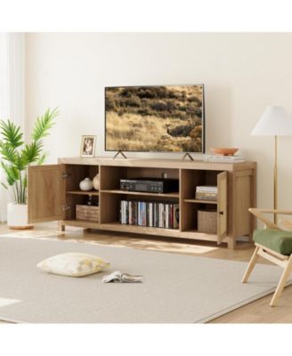 Boho TV Stand for 75 Inch, Rattan Entertainment Center with 2-Tier Storage, Wooden TV & Media Console Cabinet for Living Room Bedroom