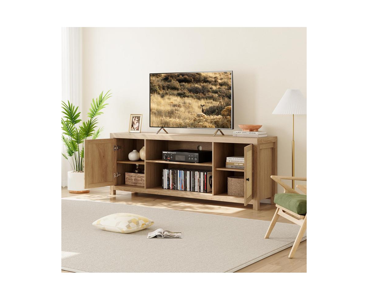 gaomon Boho Tv Stand for 75 Inch, Rattan Entertainment Center with 2-Tier Storage, Wooden Tv & Media Console Cabinet for Living Room Bedroom -k