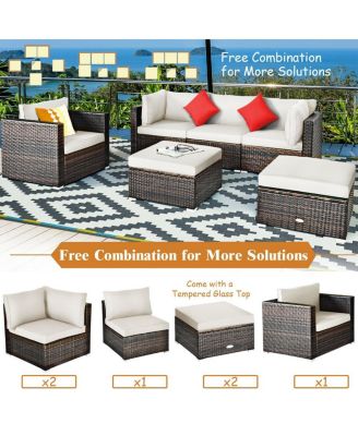 6 Pieces Patio Rattan Furniture Set with Sectional Cushion and Ottomans