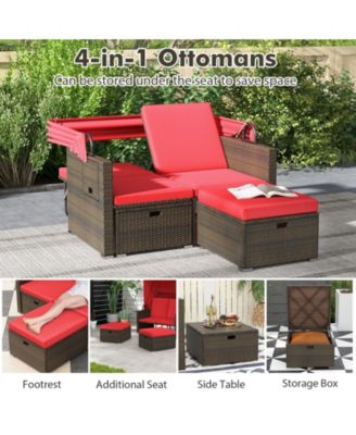 Outdoor Patio Rattan Daybed with Retractable Canopy and Adjustable Backrests