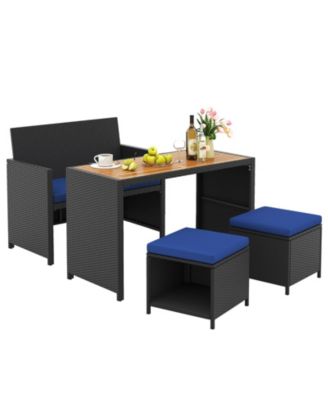 4 Piece Outdoor Dining Set with Wood Topped Dining Table Rattan Loveseat Chair and 2 Ottomans