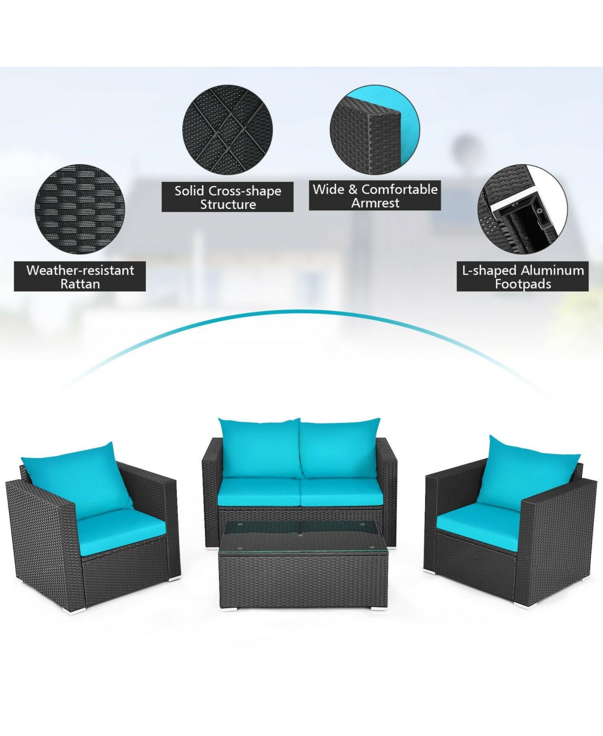 4Pcs Patio Rattan Cushioned Furniture Set