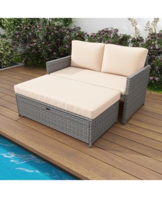 Outdoor Rattan Daybed Wicker Loveseat and 31 Gallon Storage Ottoman